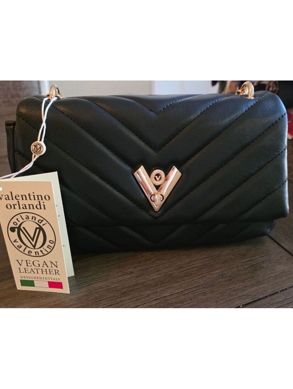 Valentino Orlandi elegant Black Vegan Leather Quilted Shoulder Bag Gold Hardware